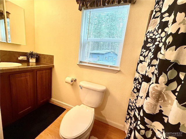 full bathroom featuring toilet, vanity, baseboards, and wood finished floors