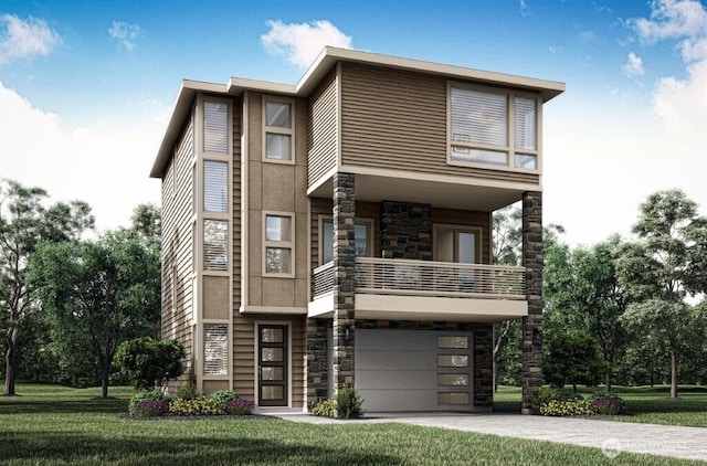 view of front of property featuring a garage, a front yard, a balcony, and driveway