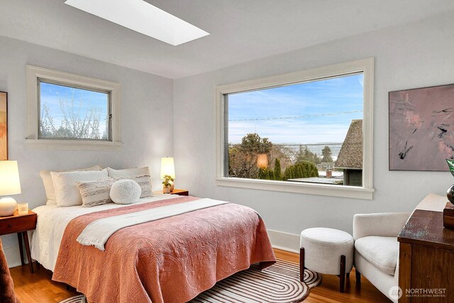 bedroom featuring a skylight, baseboards, and wood finished floors