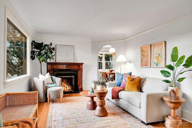 living area with plenty of natural light, wood finished floors, and arched walkways