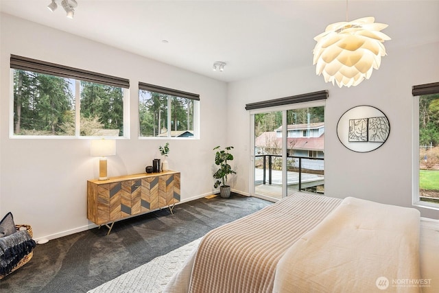 bedroom featuring access to exterior, baseboards, and dark colored carpet