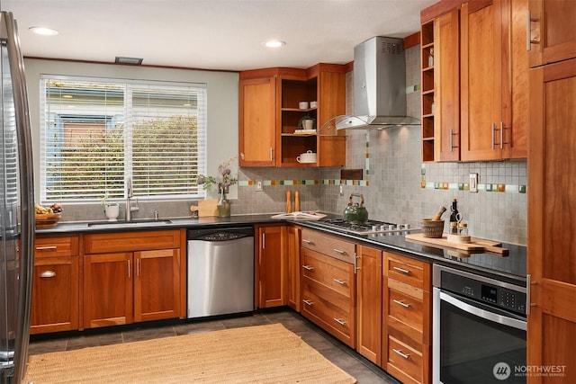 kitchen featuring a sink, open shelves, wall chimney range hood, and stainless steel appliances