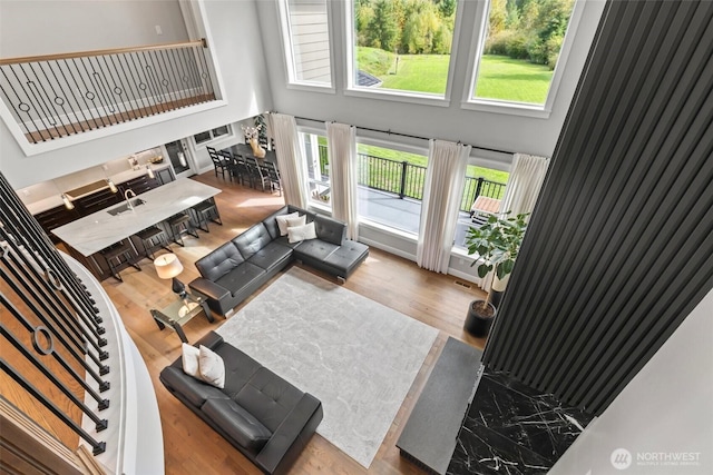 living room featuring a wealth of natural light, a towering ceiling, and wood finished floors