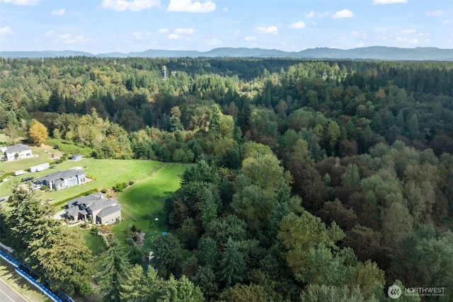 birds eye view of property featuring a mountain view and a forest view