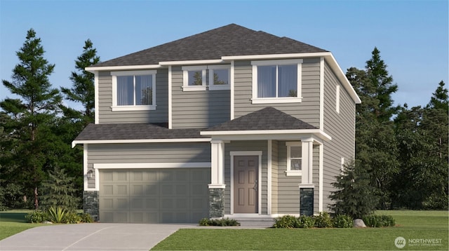 view of front of home with an attached garage, concrete driveway, a front lawn, and a shingled roof