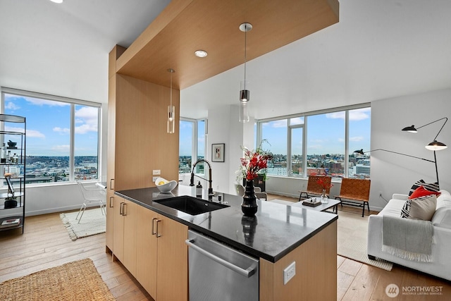 kitchen with a sink, light wood-type flooring, stainless steel dishwasher, and open floor plan