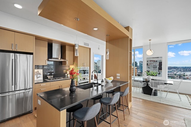 kitchen featuring light wood finished floors, dark countertops, wall chimney range hood, decorative backsplash, and appliances with stainless steel finishes