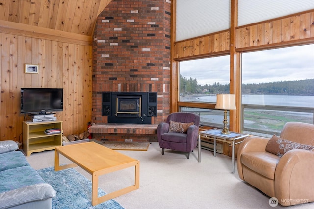 239 Shoreland Dr, Lopez Island, WA 98261 - living area with carpet floors, wooden walls, wood ceiling, a wood stove, and vaulted ceiling