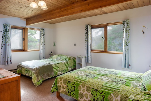 239 Shoreland Dr, Lopez Island, WA 98261 - bedroom featuring a baseboard heating unit, wooden ceiling, beamed ceiling, and carpet flooring