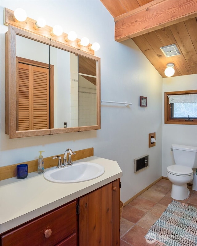 239 Shoreland Dr, Lopez Island, WA 98261 - bathroom featuring visible vents, vaulted ceiling with beams, toilet, wooden ceiling, and vanity