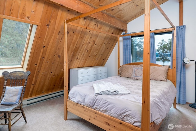 239 Shoreland Dr, Lopez Island, WA 98261 - bedroom with a baseboard heating unit, carpet floors, wooden ceiling, and vaulted ceiling with beams