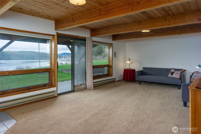 239 Shoreland Dr, Lopez Island, WA 98261 - carpeted living room with wooden ceiling, beamed ceiling, a water view, and a baseboard radiator