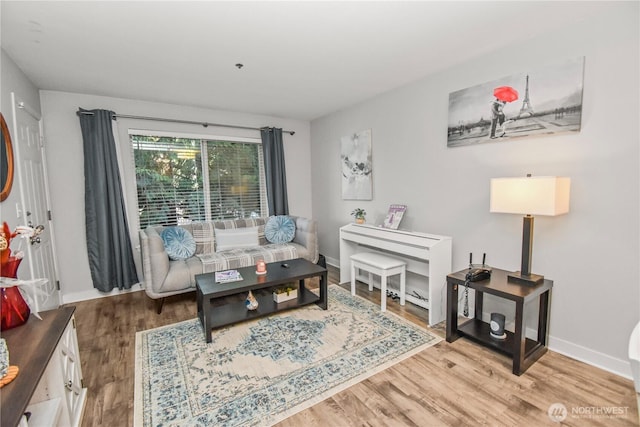 living room with baseboards and light wood-style floors