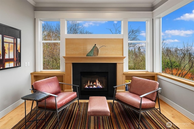 living area with baseboards, a warm lit fireplace, wood finished floors, and ornamental molding