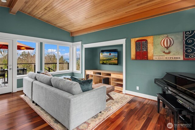 living area featuring baseboards, dark wood-type flooring, wood ceiling, and vaulted ceiling with beams