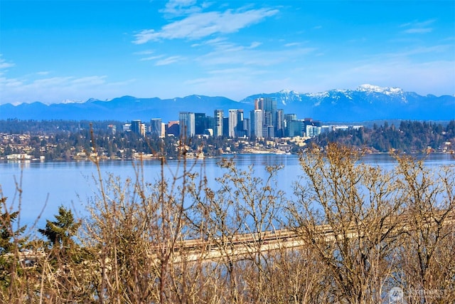 water view with a mountain view and a view of city