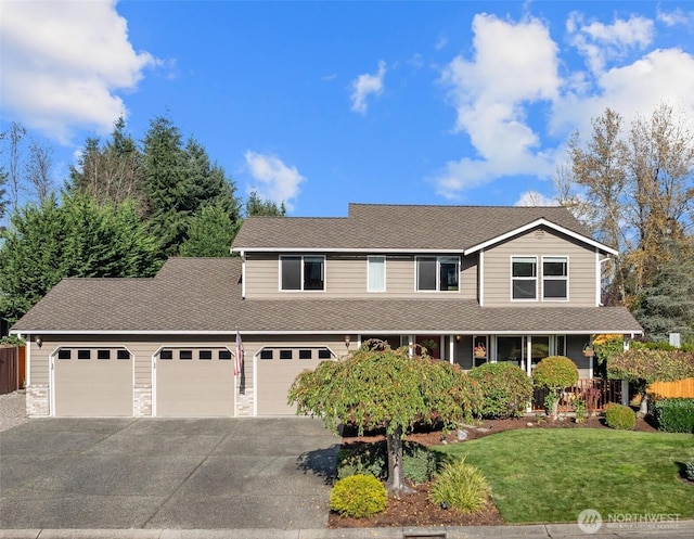 traditional-style home with aphalt driveway, an attached garage, and a front yard