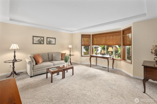 living area featuring a raised ceiling, carpet, and baseboards