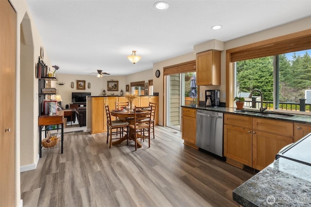 kitchen with a sink, stainless steel dishwasher, wood finished floors, recessed lighting, and baseboards