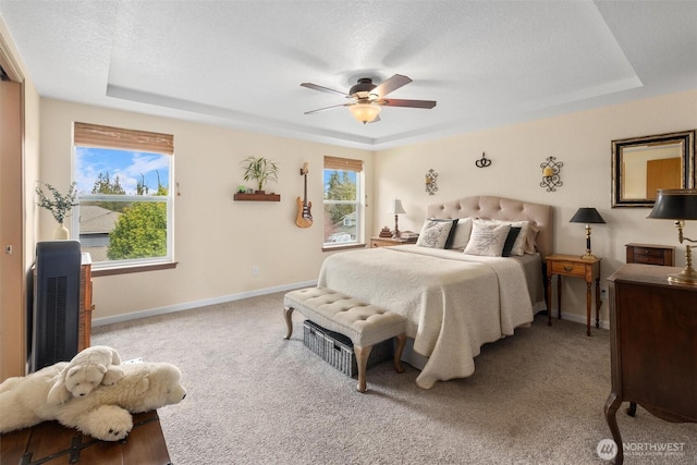 carpeted bedroom with multiple windows, a raised ceiling, a textured ceiling, and baseboards