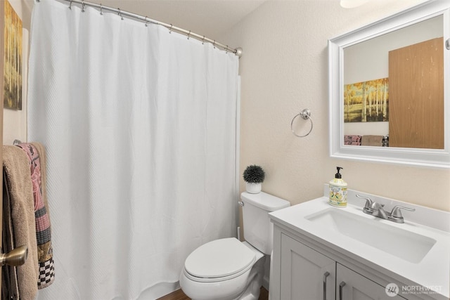 bathroom featuring curtained shower, toilet, and vanity