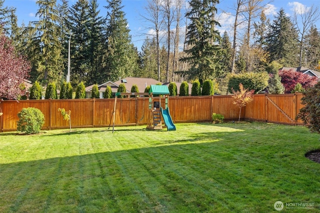 view of yard featuring a fenced backyard and a playground