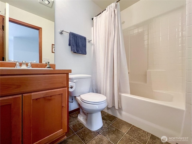 full bathroom featuring vanity, tile patterned floors, toilet, and shower / bathtub combination with curtain