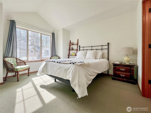 bedroom featuring baseboards, lofted ceiling, and carpet flooring