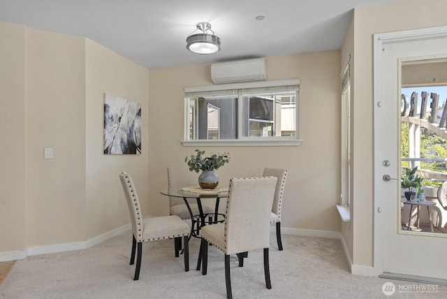 carpeted dining space featuring a wall mounted air conditioner and baseboards