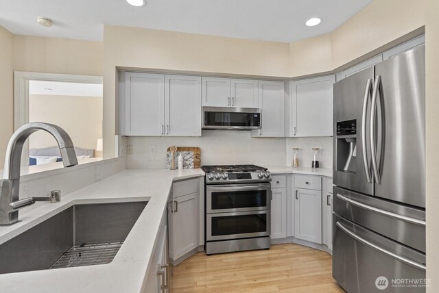 kitchen featuring light countertops, light wood-style flooring, appliances with stainless steel finishes, and a sink