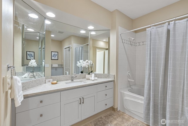 full bathroom with visible vents, recessed lighting, shower / tub combo, tile patterned floors, and vanity