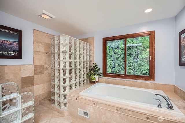 full bath featuring recessed lighting, a bath, a walk in shower, and visible vents