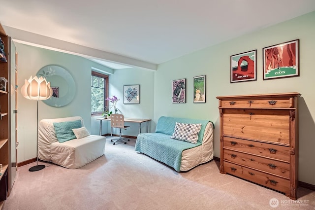 living area featuring baseboards and carpet