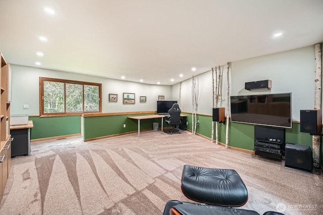 interior space featuring carpet flooring, recessed lighting, and baseboards