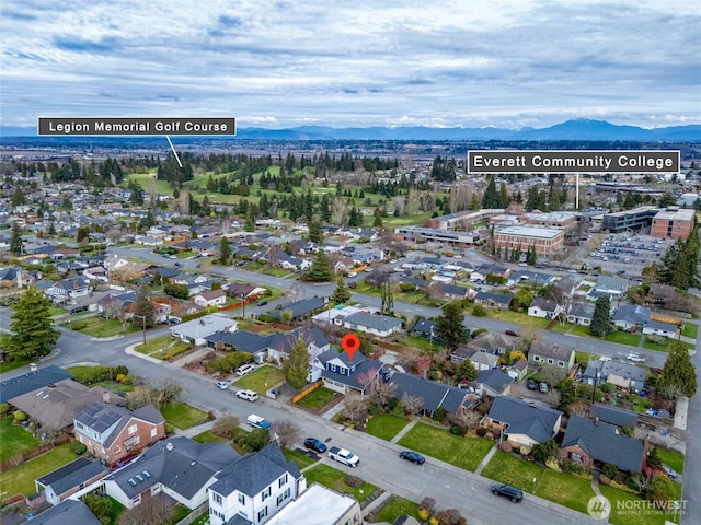 aerial view with a mountain view and a residential view