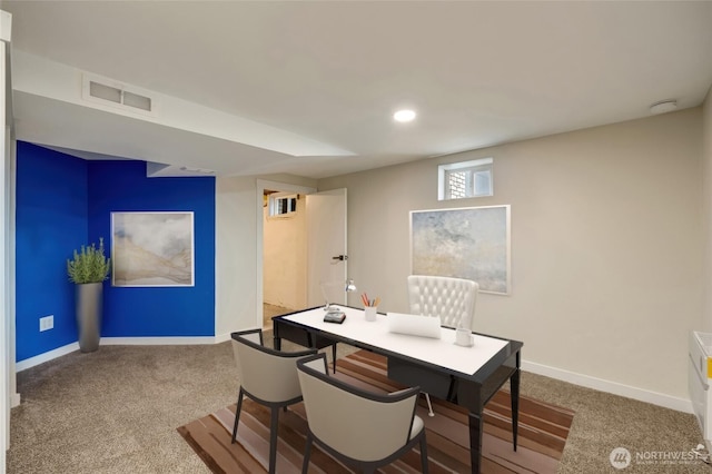 office space with recessed lighting, baseboards, visible vents, and carpet floors