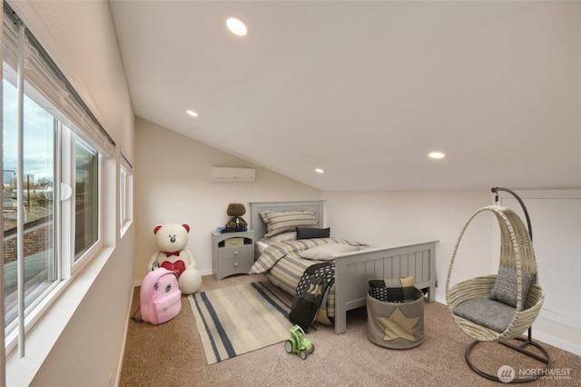 bedroom featuring baseboards, a wall mounted air conditioner, vaulted ceiling, carpet floors, and recessed lighting