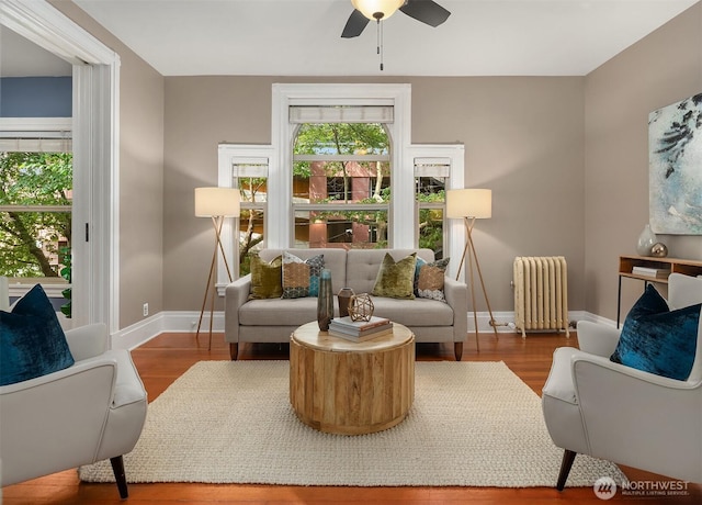 living area featuring ceiling fan, radiator, baseboards, and wood finished floors