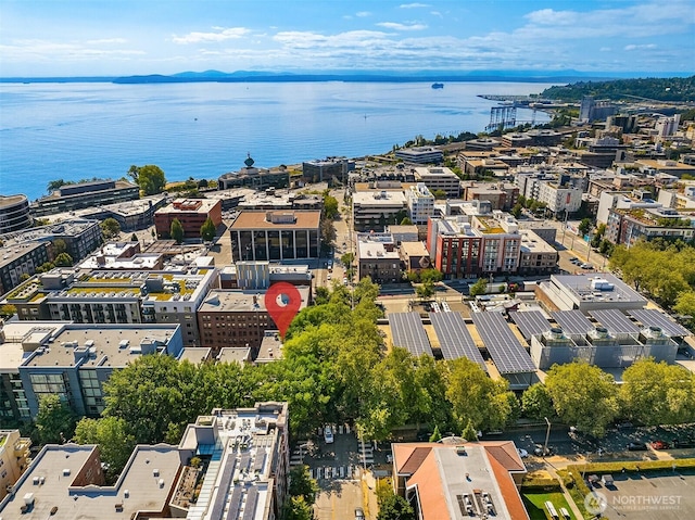 drone / aerial view with a water view