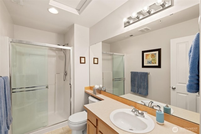 bathroom featuring visible vents, a shower stall, and toilet