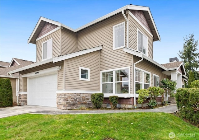 view of property exterior with a garage, stone siding, a lawn, and concrete driveway