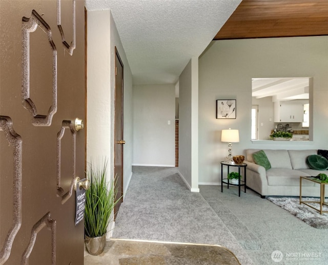 hall featuring baseboards, a textured ceiling, and carpet flooring