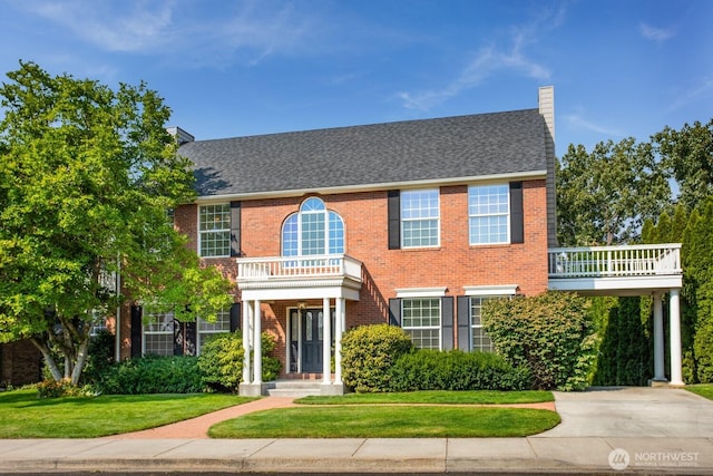 colonial-style house featuring a front yard, a balcony, brick siding, and a chimney