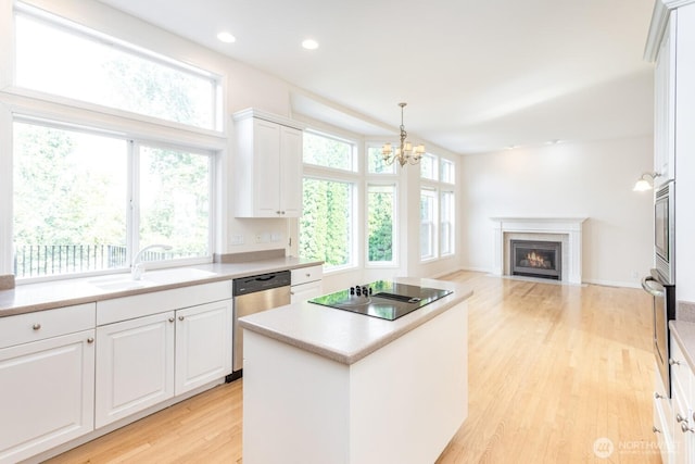 kitchen with open floor plan, a fireplace with flush hearth, light wood-style flooring, stainless steel appliances, and a sink