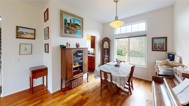 dining area with light wood-style floors, baseboards, and a wealth of natural light