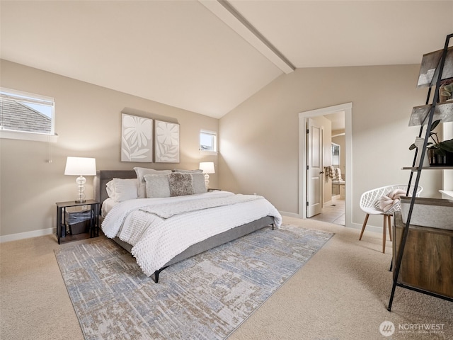 carpeted bedroom featuring multiple windows, vaulted ceiling with beams, and baseboards