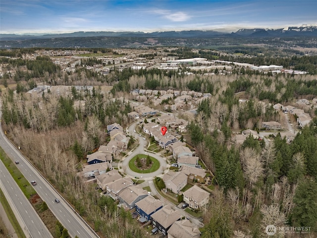 bird's eye view featuring a mountain view and a residential view