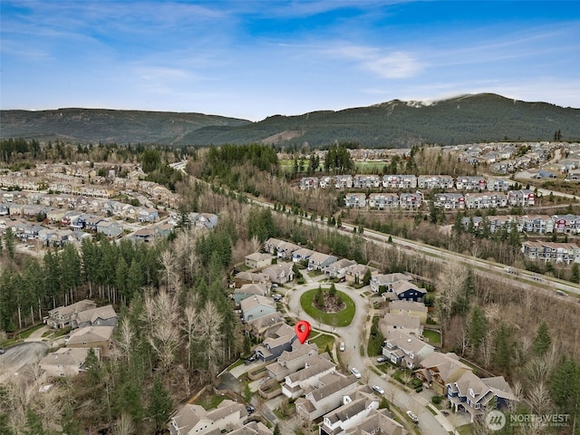 birds eye view of property with a mountain view and a residential view