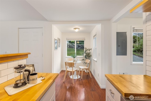 dining area featuring electric panel, baseboards, and dark wood finished floors