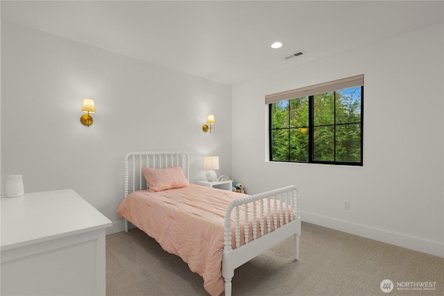 carpeted bedroom with visible vents, recessed lighting, and baseboards